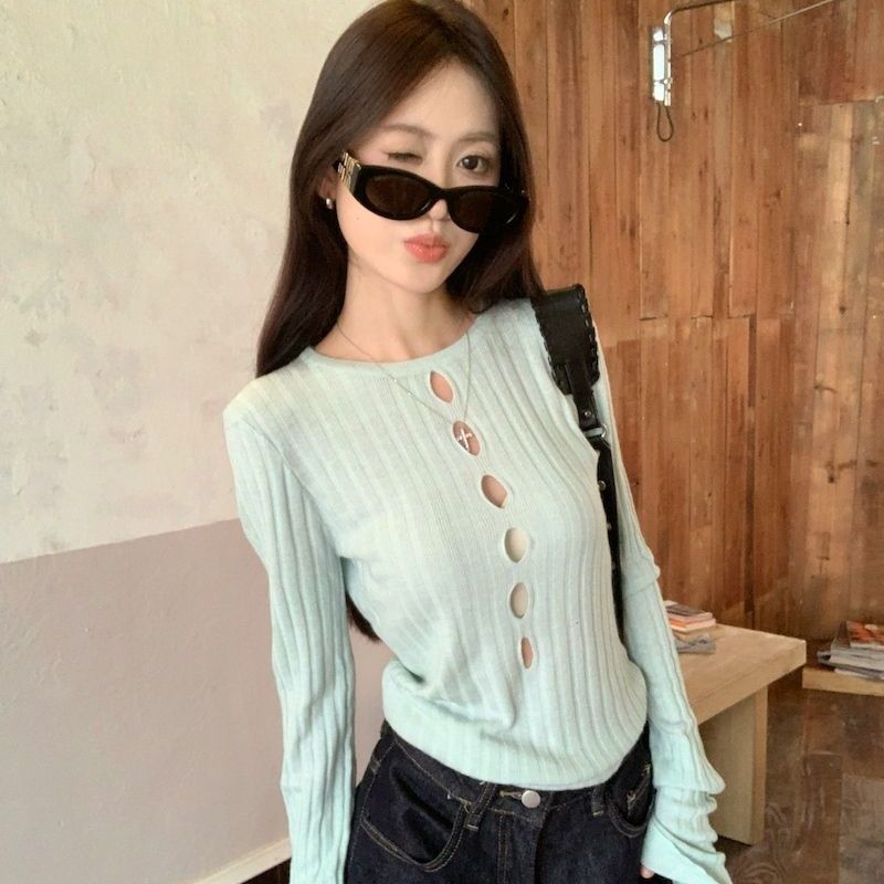 Pulover Tricotat Slim Fit și Subțiere cu Decupaje în Stil Francez pentru Design de Îmbrăcăminte pentru Femei Top Picant cu Strângere în Talie