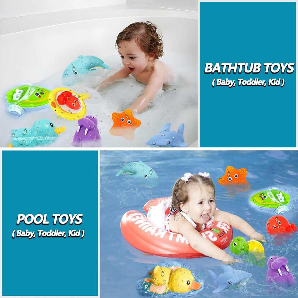 No Hole Bath Toys for Babies 6-12+ Months, Wind-up Swimming Ducks & Boat Bath Toys for Kids Ages 1-3, Baby Pool Toys Fishing Net Water Toys Watering