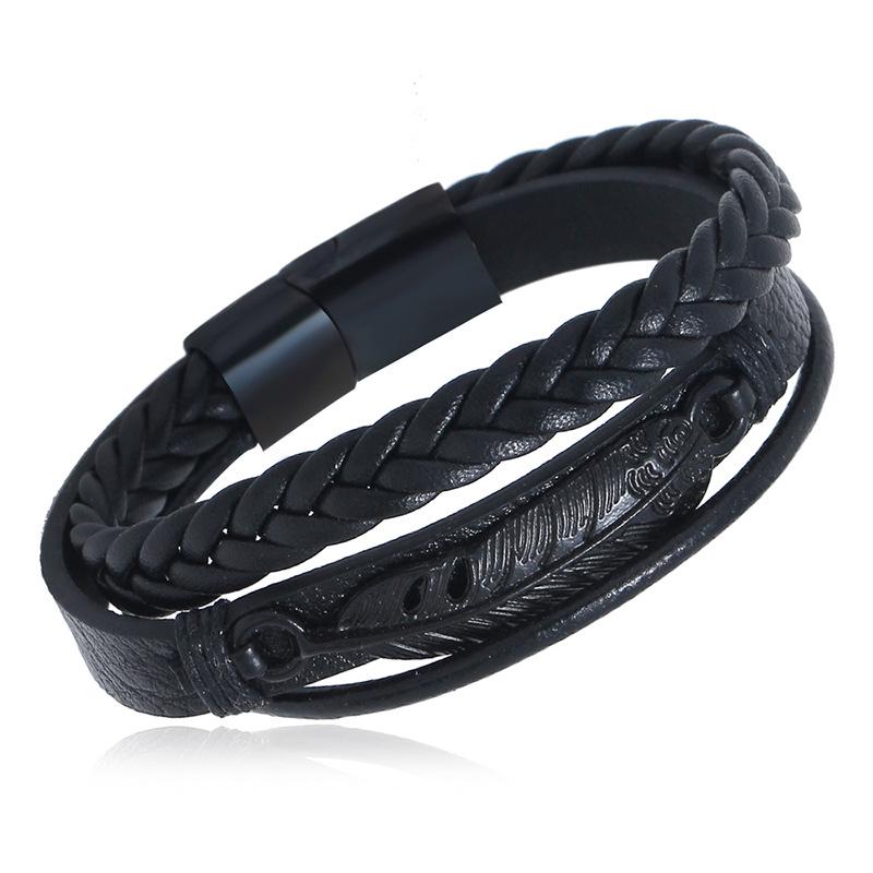 Stainless Steel Clasp Leather Braid Charm Feather Bracelet Fashion Bracelets for Men and Women