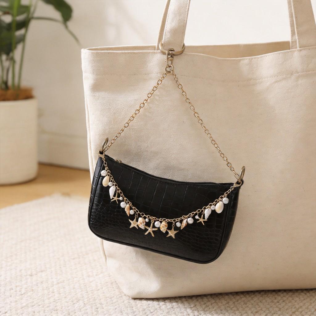 Bohemian Seashell Pearl Chain Beach Bag Strap With Alloy Decor For Summer Vacation