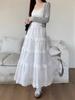 Weiß Hohl Lange Kuchen Rock Frauen Frühjahr Hohe Taille Spitze Patchwork Rüschen EINE Linie Midi Röcke Süße Ballett Kleidung