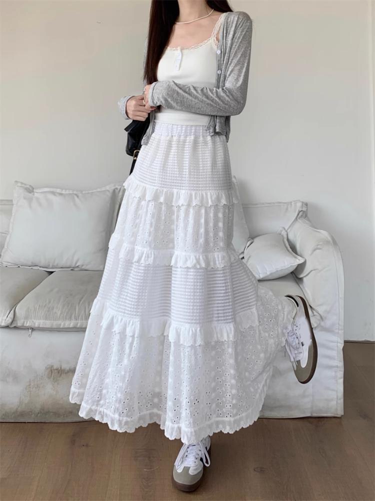 Fusta albă, lungă, de tort, femei, primăvară, talie înaltă, dantelă, mozaic, volane, fuste midi, haine dulci de balet