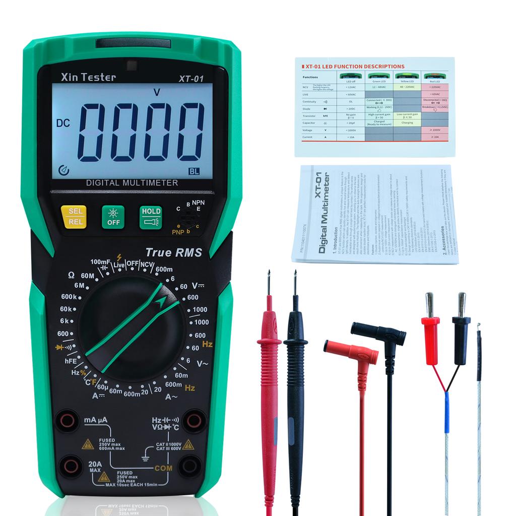 Xin Tester Digital Multimeter XT-01 Set Auto Ranging Voltmeter T-RMS 6000 Counts AC DC Volt Amp Ohm Capacitor Temperature Tester