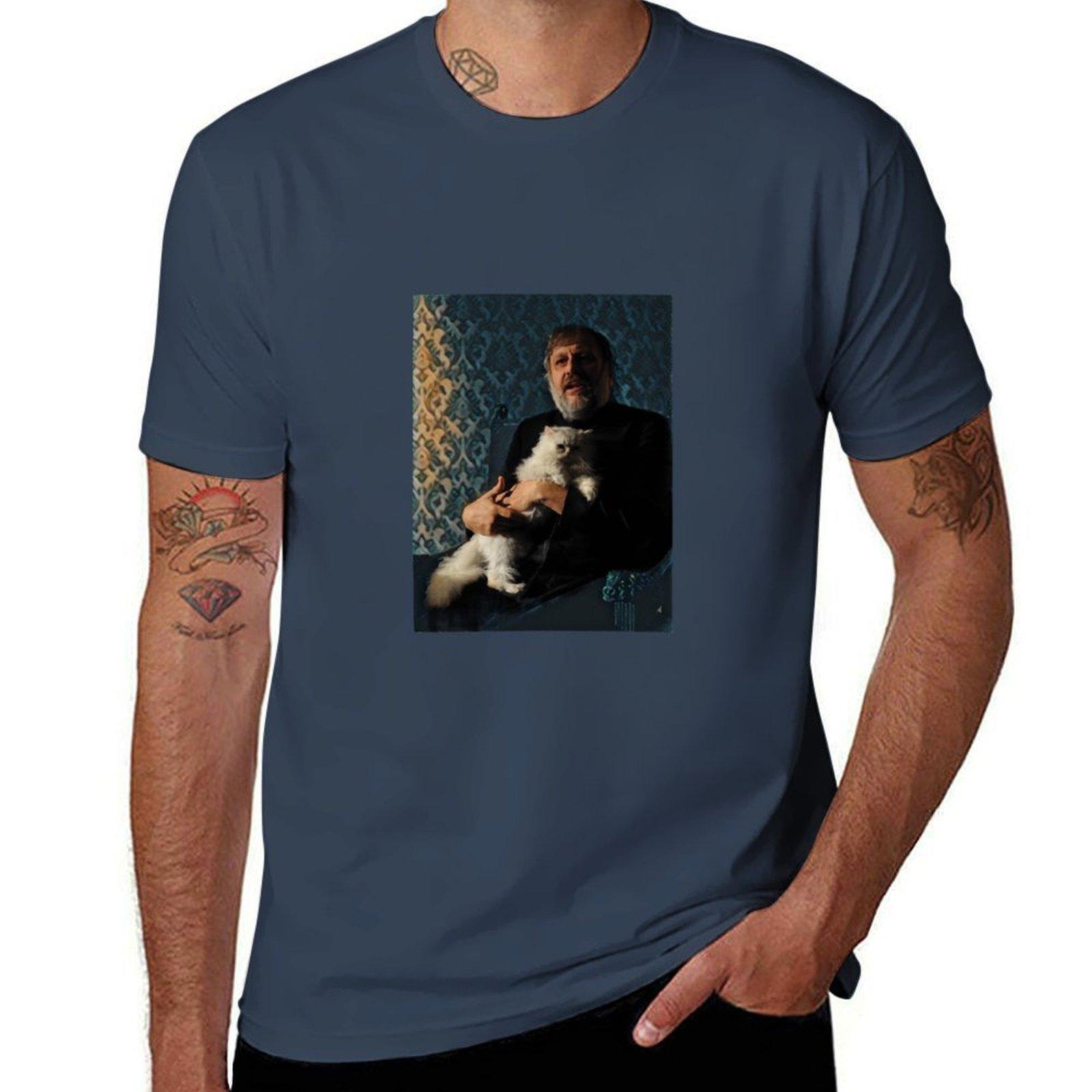 Slavoj Zizek With Cat Stylized Tshirt Daily Work Short Sleeve Top S
