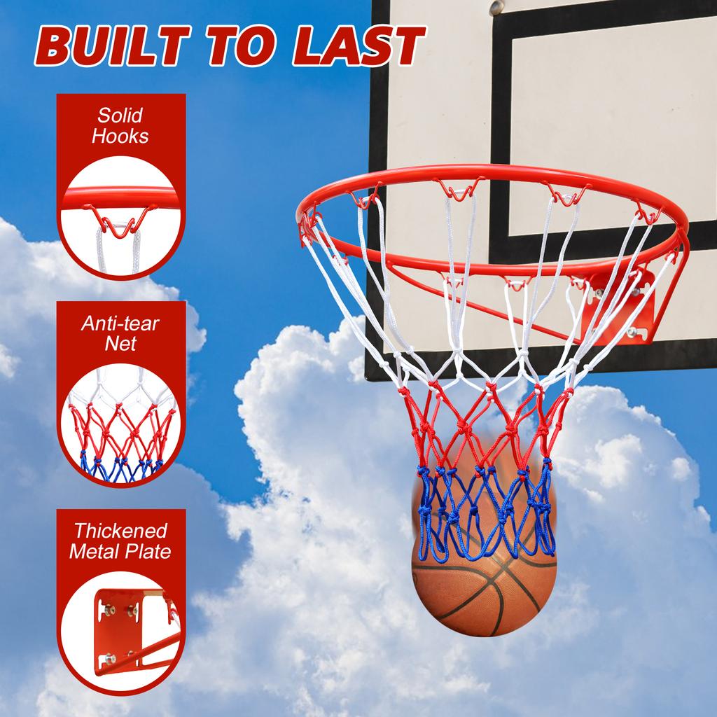 45.72cm Basketball Rim Replacement, Wall Door Mounted, Heavy Duty Flex Rim Goal with Net, Fits In-Ground & Wall-Mounted Hoops, Indoor/Outdoor (Red)