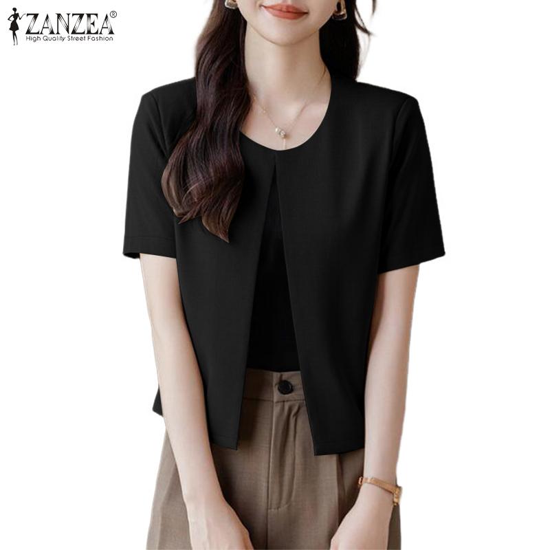 ZANZEA Women Casual Round Neck Short Sleeve Thin Cardigan Tops