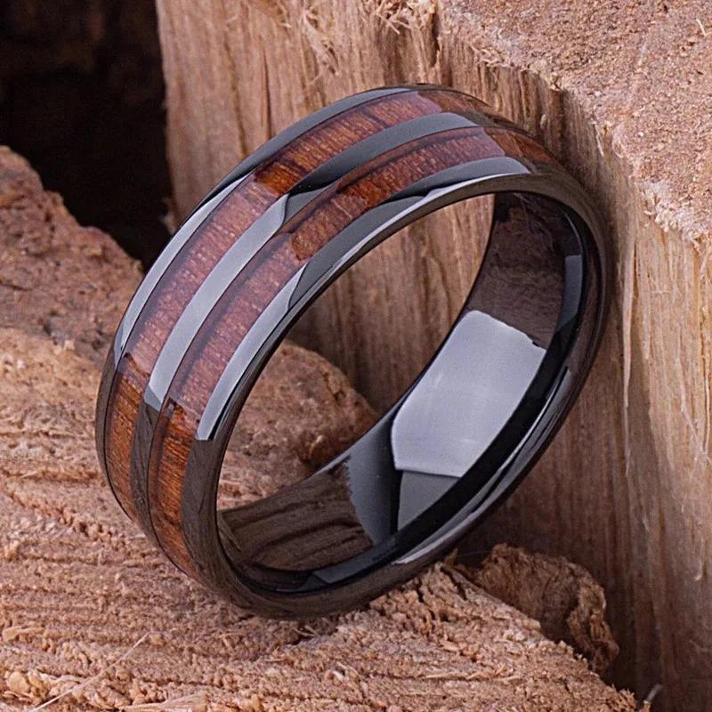 Fashion 8mm Men Titanium Steel Koa Wood Rings For Men Women Dome Polished Stainless Steel Rings Men Wedding Band Jewelry Gifts