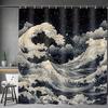 Japanese Anime Shower Curtain, Oriental Asian Funny Sea Waves Retro Clouds Stars Bathroom Curtains Decor Set, Black White