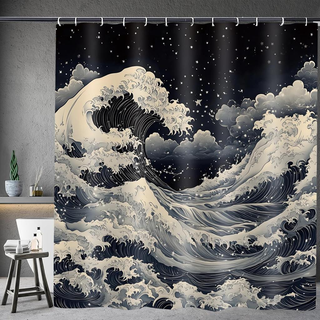 Japanese Anime Shower Curtain, Oriental Asian Funny Sea Waves Retro Clouds Stars Bathroom Curtains Decor Set, Black White