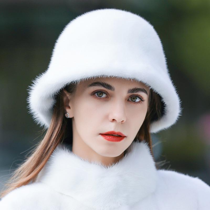 Mink hair mink hat women's autumn and winter warm whole mink fur bucket hat winter fashion middle-aged and young fur hat