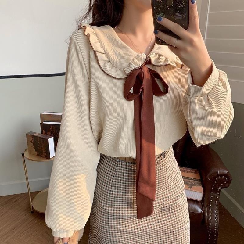 Cotton Corduroy Shirt With 3d Pattern And Doll Collar For Vintage Style Womens Fashion