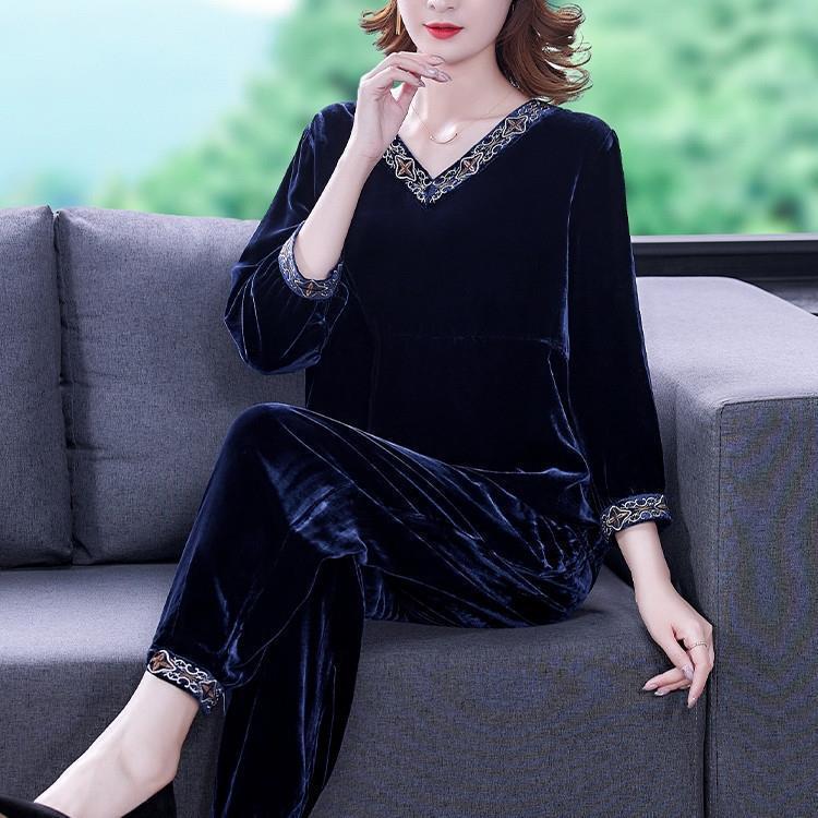 2pcs Pants Suits Autumn Retro Women's V Neck Plus-size Velvet Blouse High-waist Velvet Harem Pants Two-piece Set