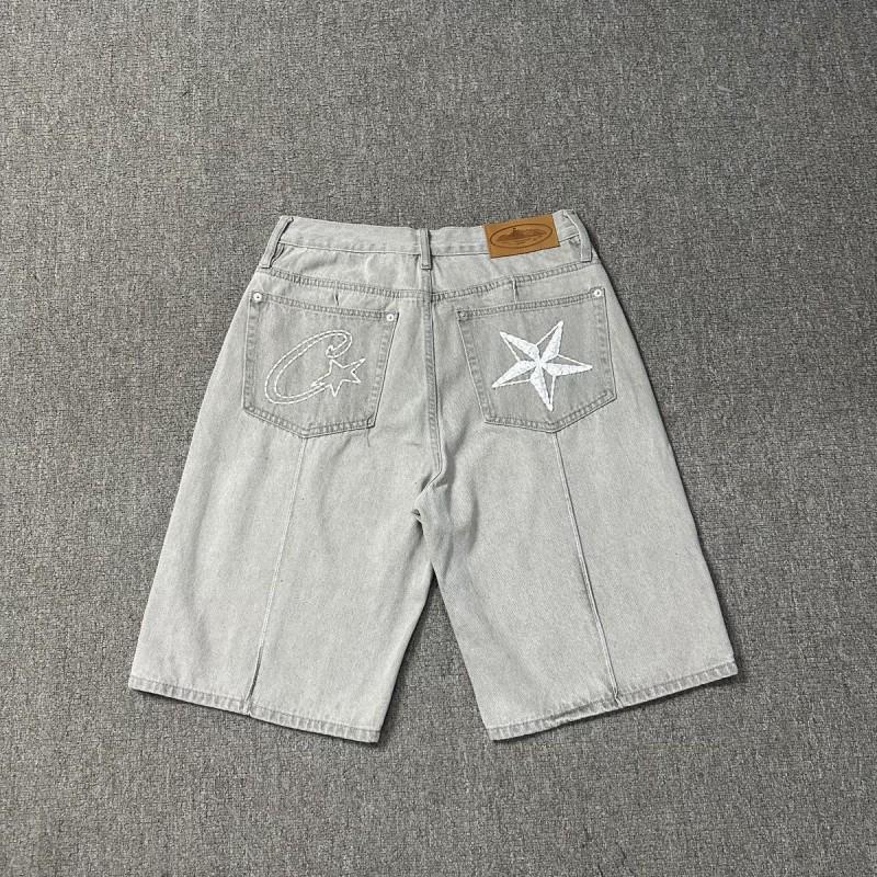 Corteiz Roztrhané Džínové Šortky S Výšivkou Hvězd Vintage Streetwear Rovný Střih Střední Pas Ležérní 5/8 Délka Džíny Pánské