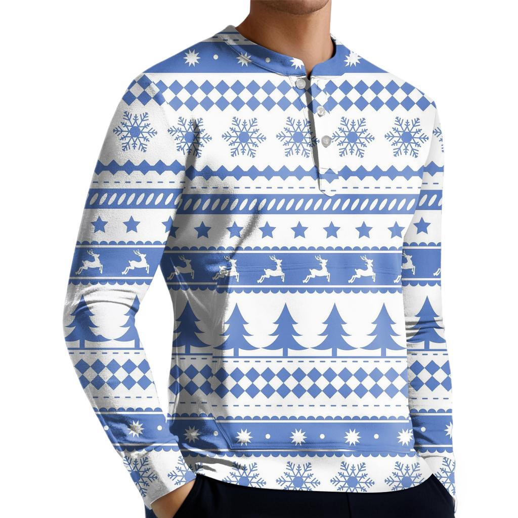 Men's Casual Button-Down Sweatshirt Fashion Printed Long Sleeve Shirt Pullover