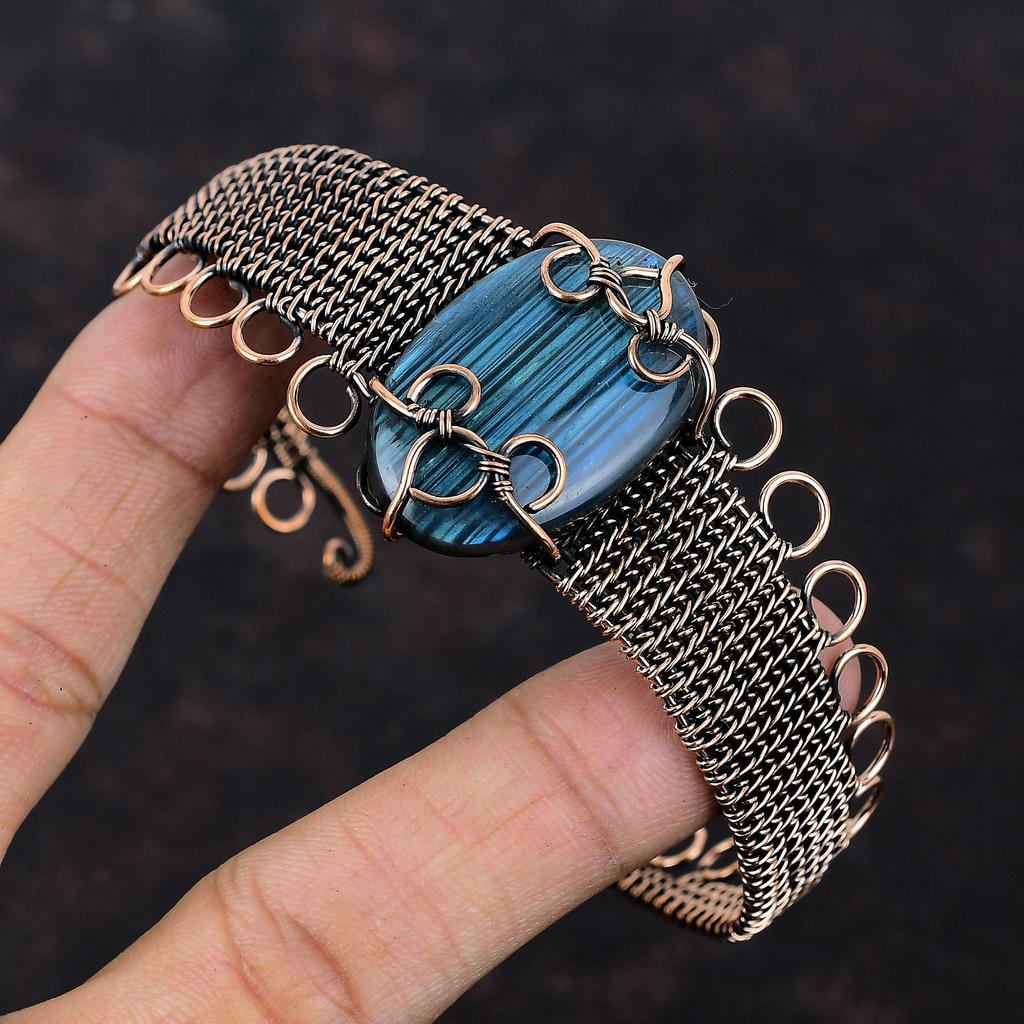 Labradorit Kupferdraht umwickeltes Armspangenarmband Verstellbarer Armreif Edelstein-Armspange Kupferdrahtschmuck Handgemachter Armreif Jubiläumsgeschenke
