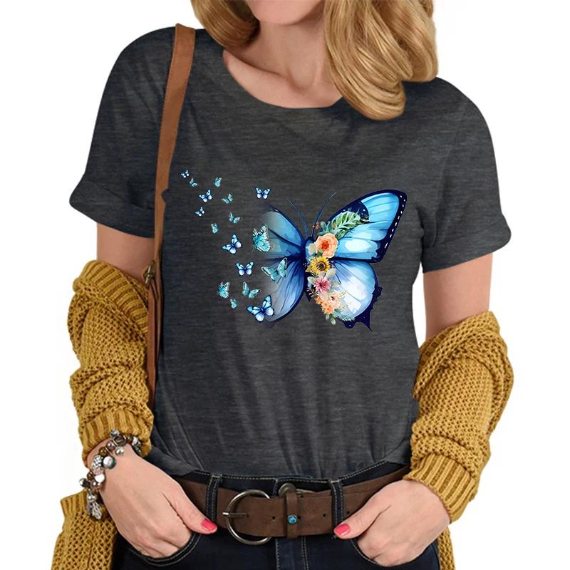 Flower Butterfly Lover Casual Tops Vintage Flower Design Tshirt Female Butterfly Print Premium Casual Short Sleeve TShirt Women