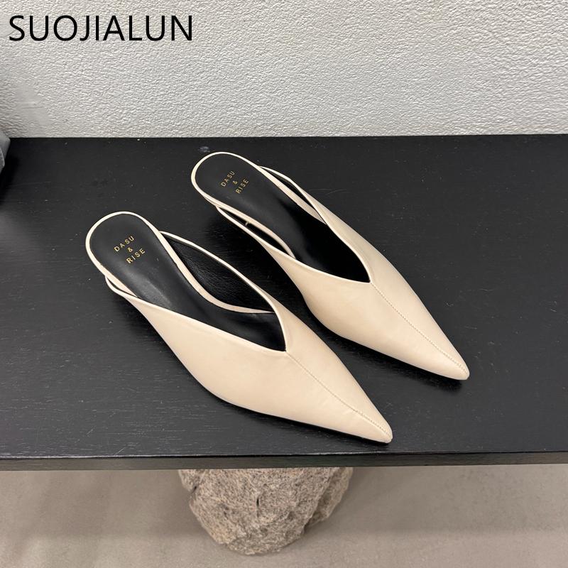 Fashion SUOJAILUN 2024 Sping New Brand Women Mules Shoes Fashion Pointed Toe Shallow Slip On Slipper Shoes Thin Low Heel Dress Sandal