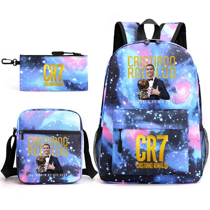 Football Star Teenager Student Schoolbag Ronaldo Pattern Three-Piece Backpack