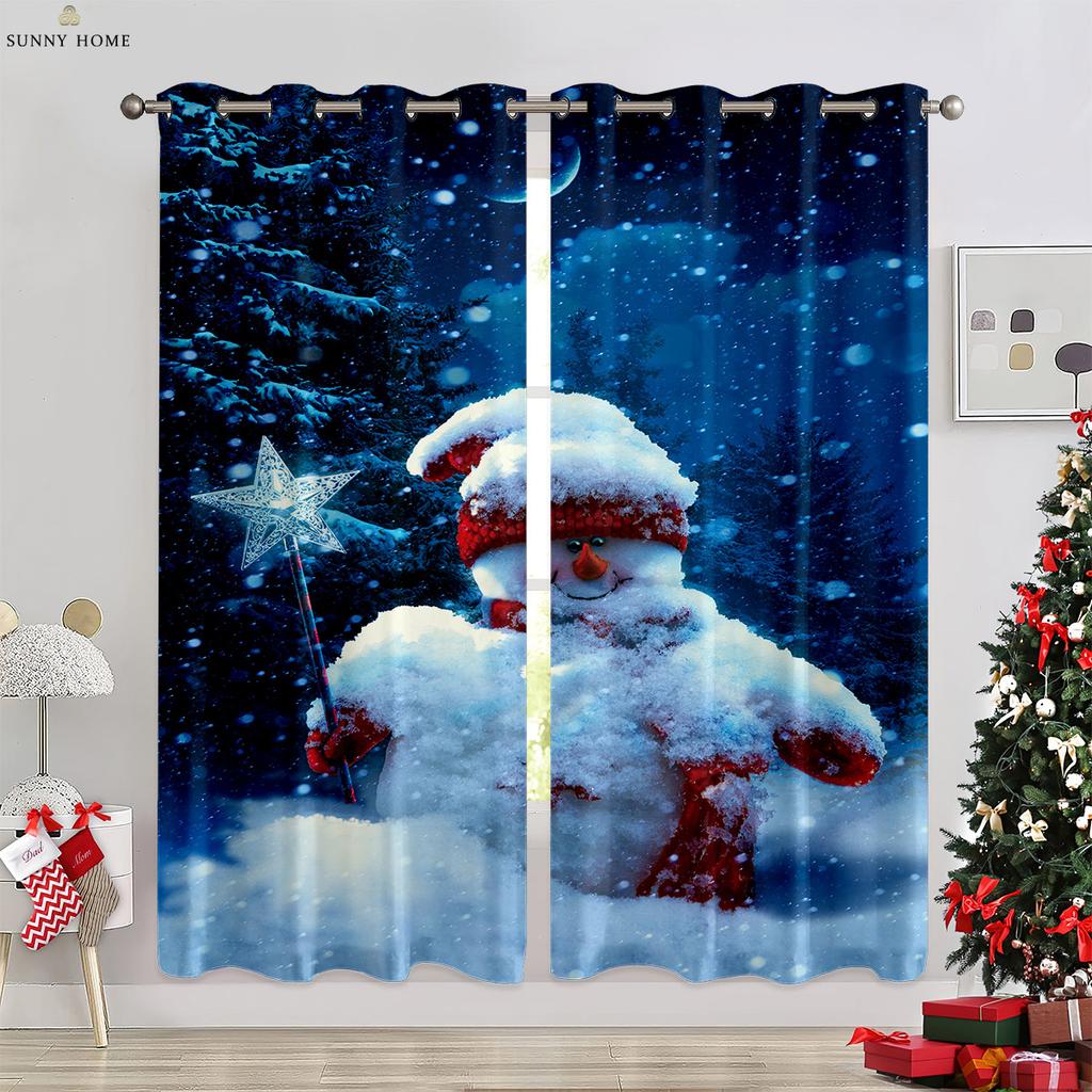 Cute Cartoon Snowman Christmas Decoration Curtains Bedroom Restaurant New Year Holiday Party Decoration Curtains 2 Pieces