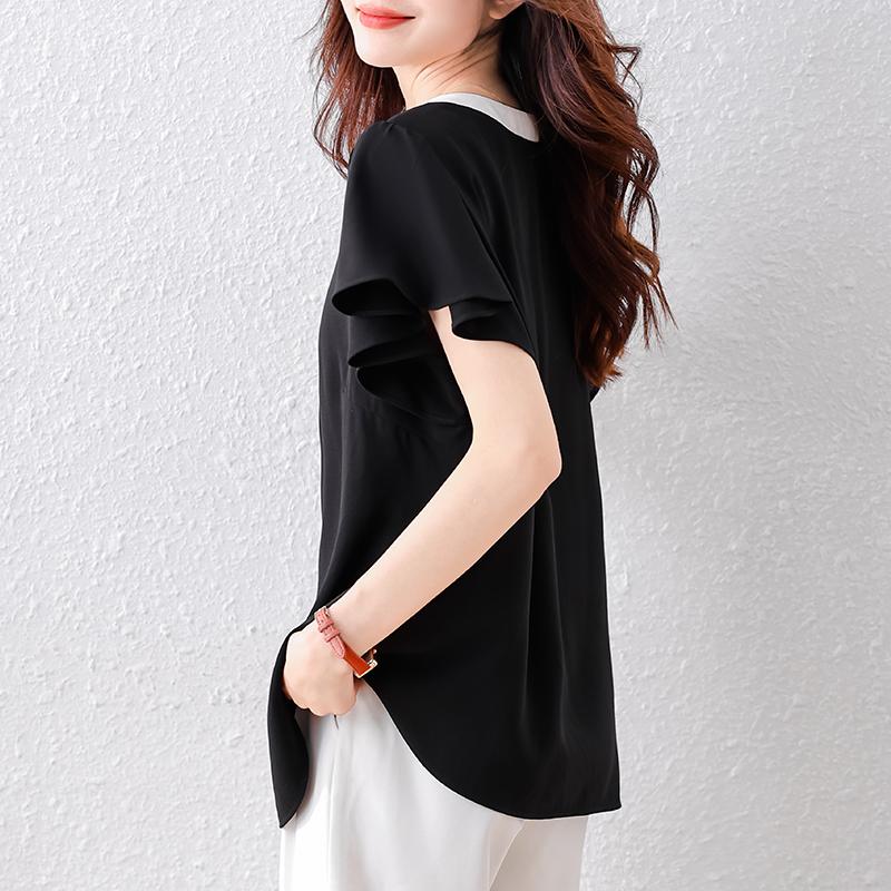 DIMANAF 2025 Summer Plus Size Women T-Shirts V-Neck Elegant Short Sleeve Tops Tees Loose Shirt