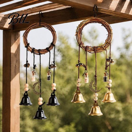Vintage Metal Bells for Porch 2PCS Witch Door Knob, Hanging Bell Wind Chime with Moon Nature Inspired Rattan Pendant Star Charms, Handmade Decorative