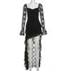 Gothic Goth Dark Fairy Lace Long Sleeve Square Neck A-line Dress Sweet Women E-girl Irregular Long Hem Partywear