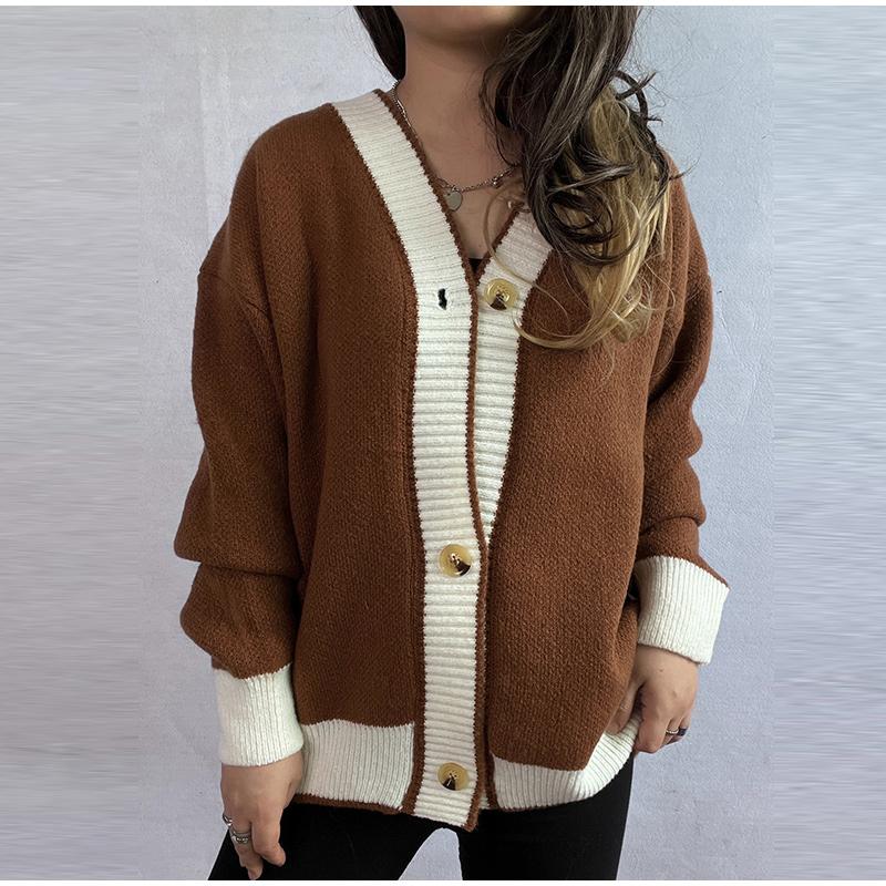 

Вязаный кардиган женский свитер с V-образным вырезом осень зима однобортные пальто мода с длинным рукавом вставки повседневная верхняя одежда XL коричневый