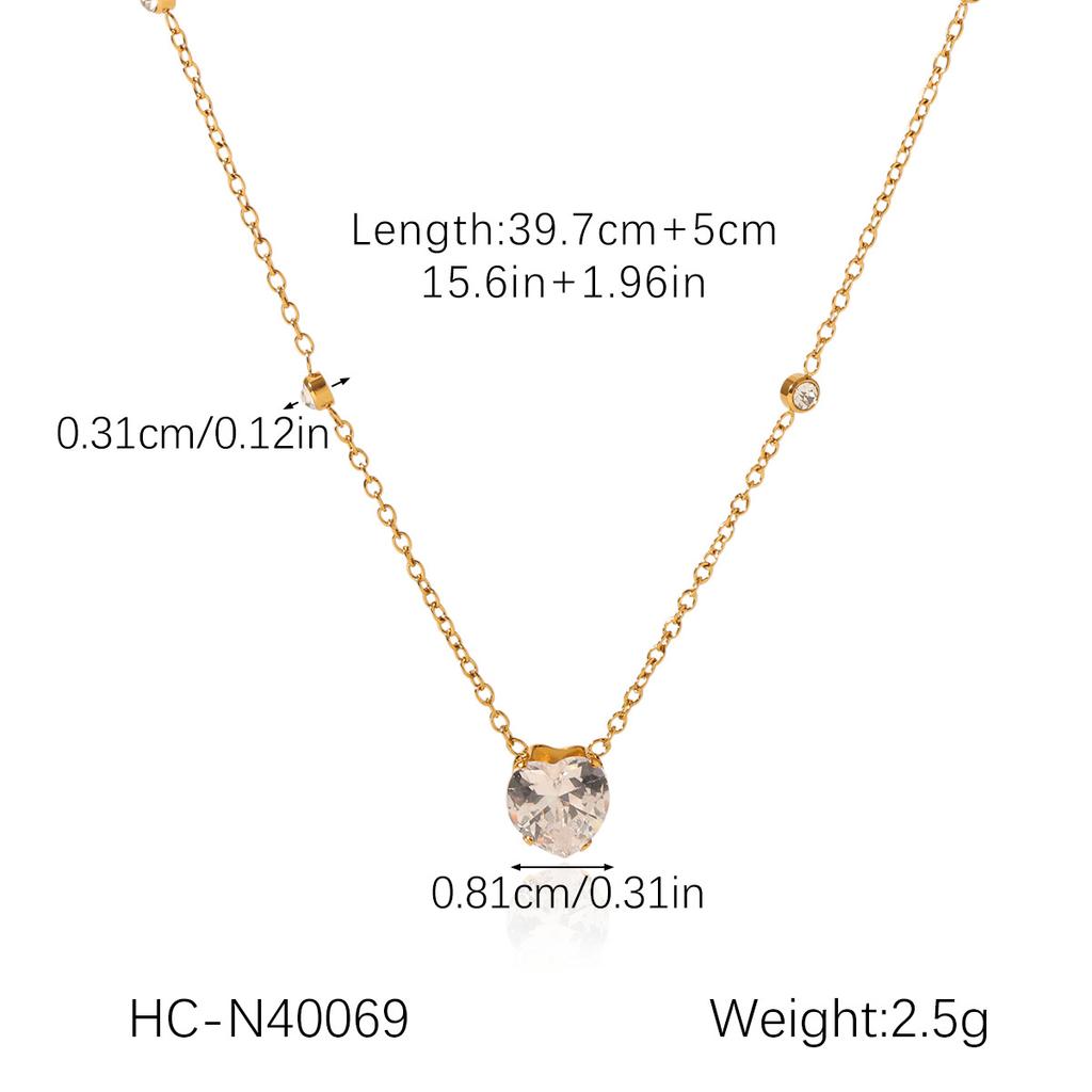 Zirconia Inlaid Heart Pendant Collarbone Necklace Titanium Steel Gold Tone Elegant Women's Chain