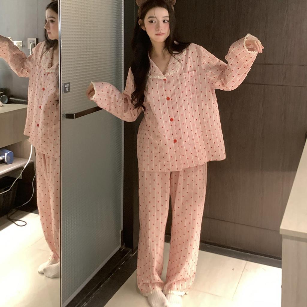 Korean version of simple style striped pajamas spring and autumn lace long-sleeved trousers suit girl ins style loungewear