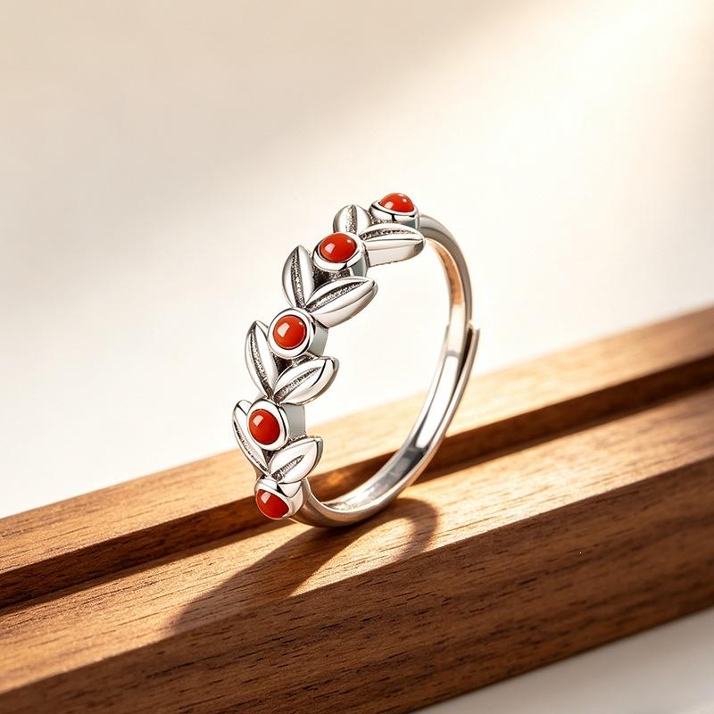

New Creative South Red Wheat Forest Style Fresh Leaf 925 Sterling Silver Jewelry Retro Opening Rings 02900 срібний