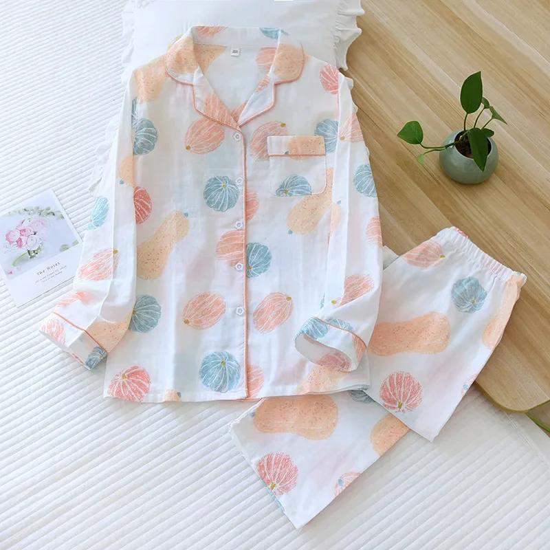 Spring/Summer  New Women's 100% Cotton Gauze Thin Long Sleeve Pants Two Piece Cardigan Homewear Set Sleepwear Pijama