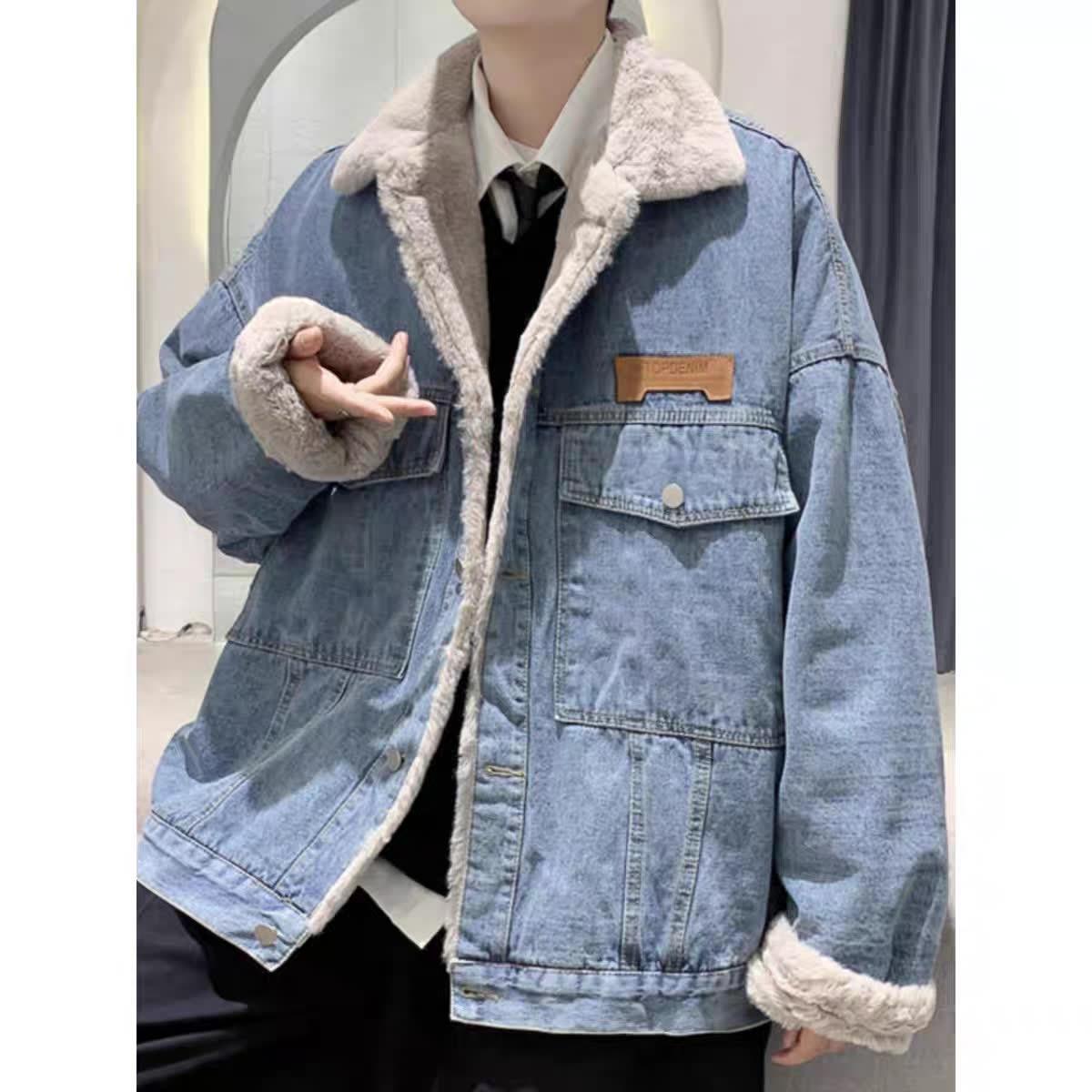 Men s Lambswool Lined Denim Jacket - Thick, Warm, Autumn/Winter Style M