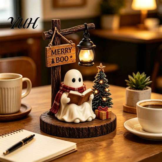 Miniature Ghost Ornaments Halloween Figurine, Vintage Cozy Reading Book/Walking Dog Statue with Lantern, Funny Statues Light Up Spooky Resin Tabletop