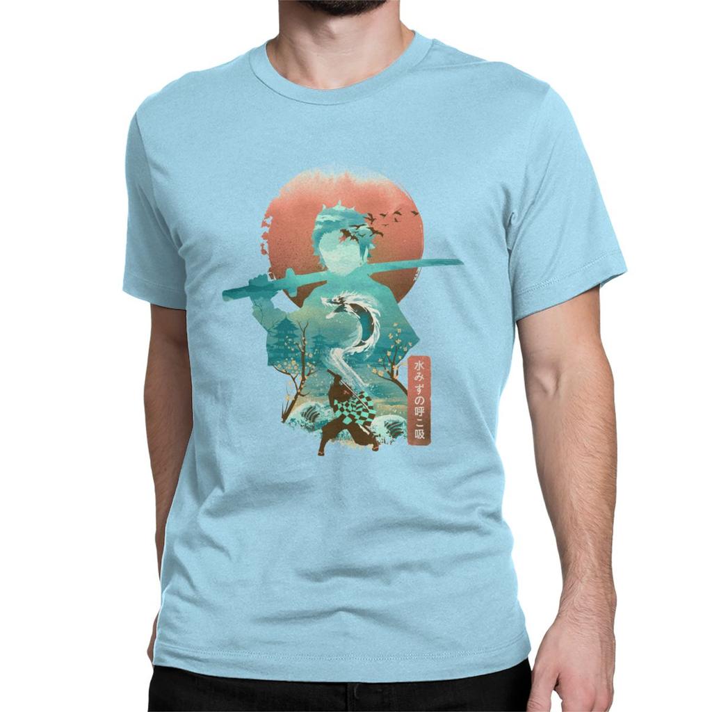 Men T Shirt Ukiyo E Breath Of Water Classic Vintage Pure Cotton Tee Shirt Demon Slayer