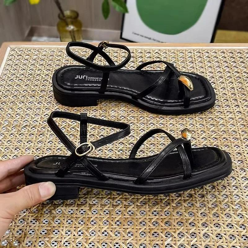 Heeled Sandals Shoes Women's Black Beach New Summer 2025 Girls Low Comfort Sports Casual Solid
