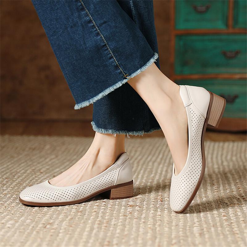 Fashion 2025 New Fashion Hollow Out Women Pumps Square Toe Summer Shoes Chunky Heels Genuine Leather Shoes for Women Handmade Loafers
