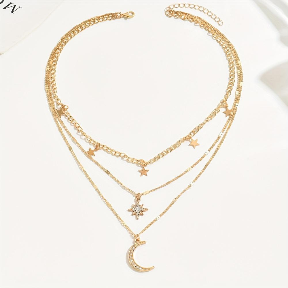 Bohemian Star Tassel Octagonal Star Moon Sparkling Zircon Pendant Multi-layer Necklace for Women Exquisite Collar Chain Jewelry