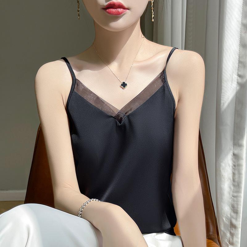Silk Satin Women's Sleeveless V-Neck Mesh Spliced Camisole Vest - 2026 Spring/Summer Collection