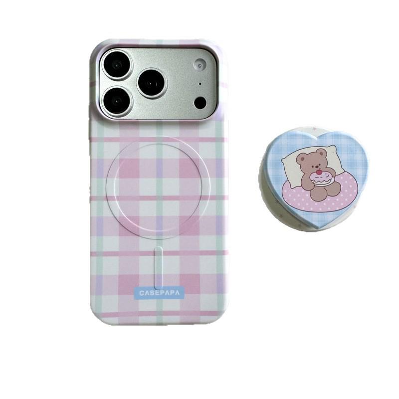 Plaid Heart Bear Apple 17 Pro Max Magnetic Phone Case for Besties