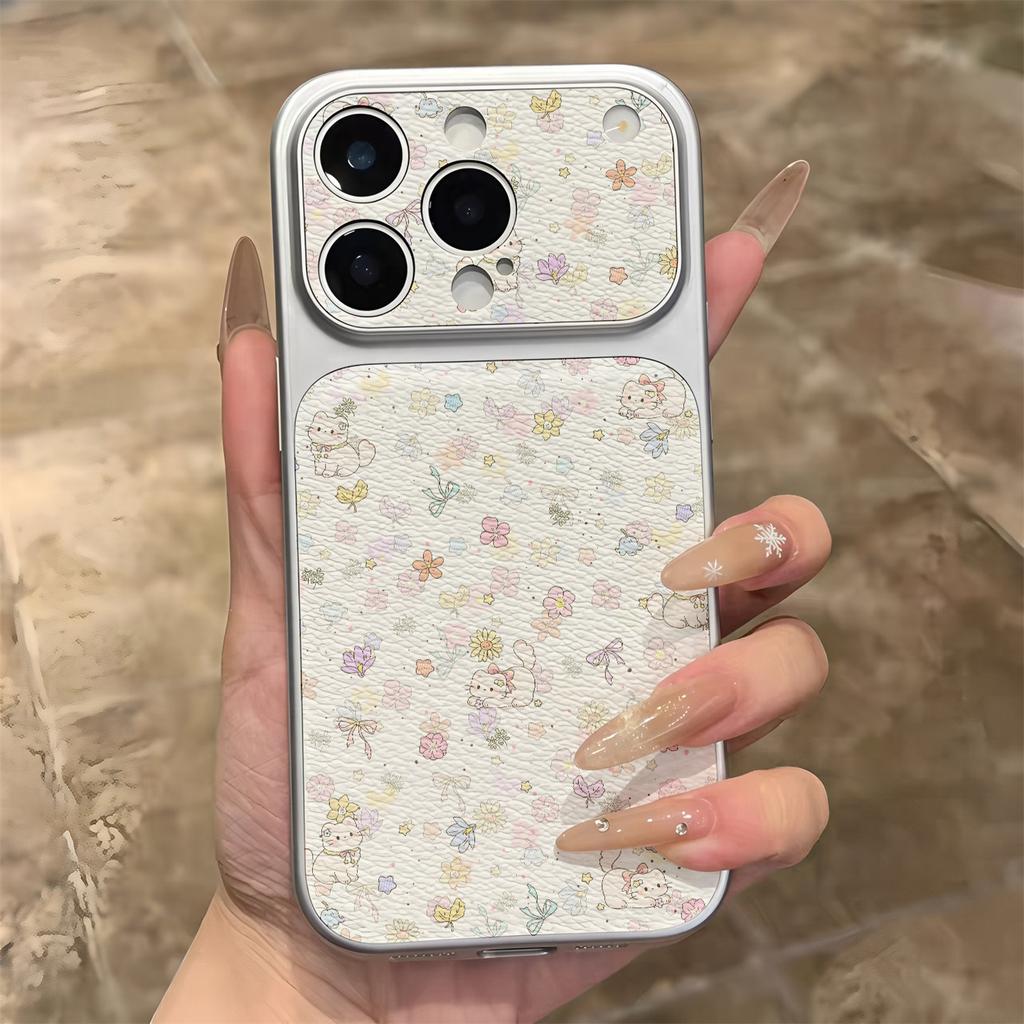 Floral kitten is suitable for iPhone17promax mobile phone case Apple 16pro new 15pro niche 14 leather pattern