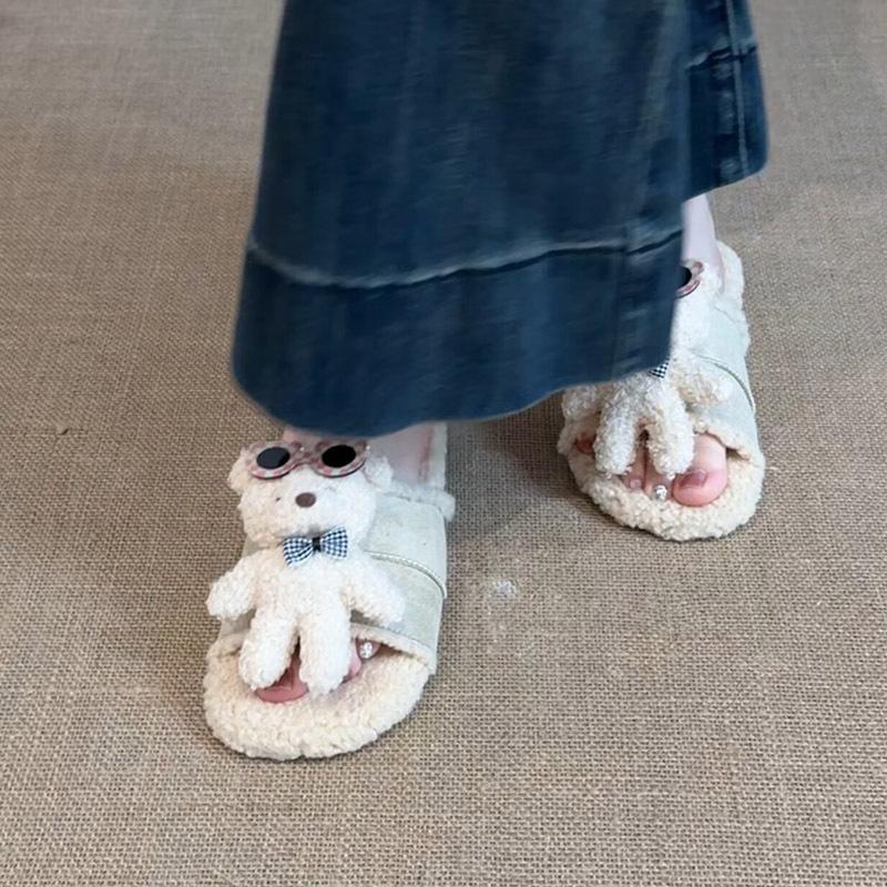 Bear casual fluffy shoes women's 2025 autumn and winter fashion three-dimensional cute cartoon outer wear versatile one-word cotton slippers