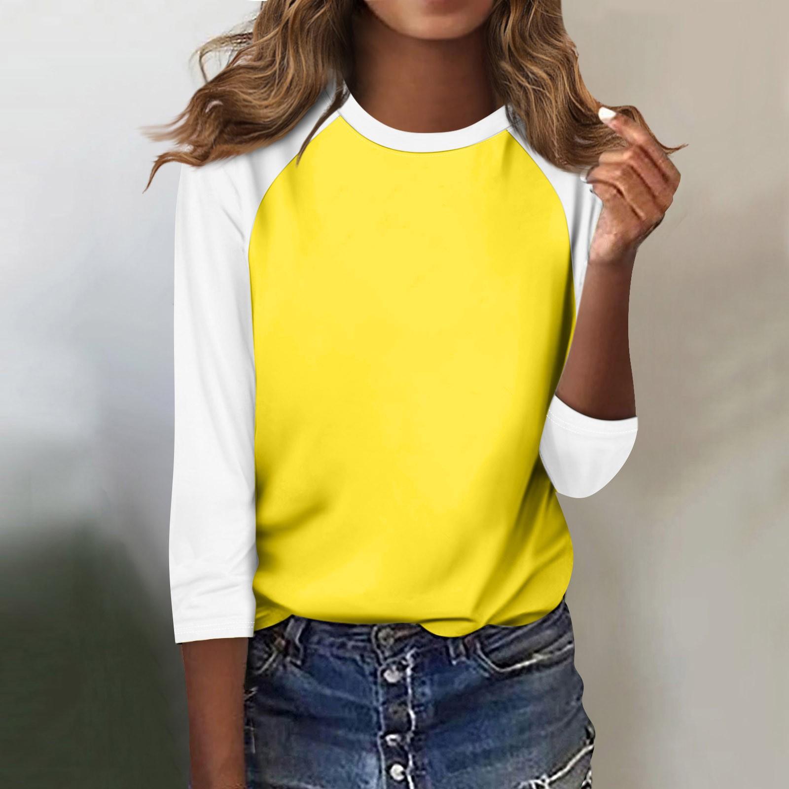 

Женская модная повседневная рубашка с круглым вырезом и рукавами 3/4, свободная футболка с принтом, женский топ L жёлтый