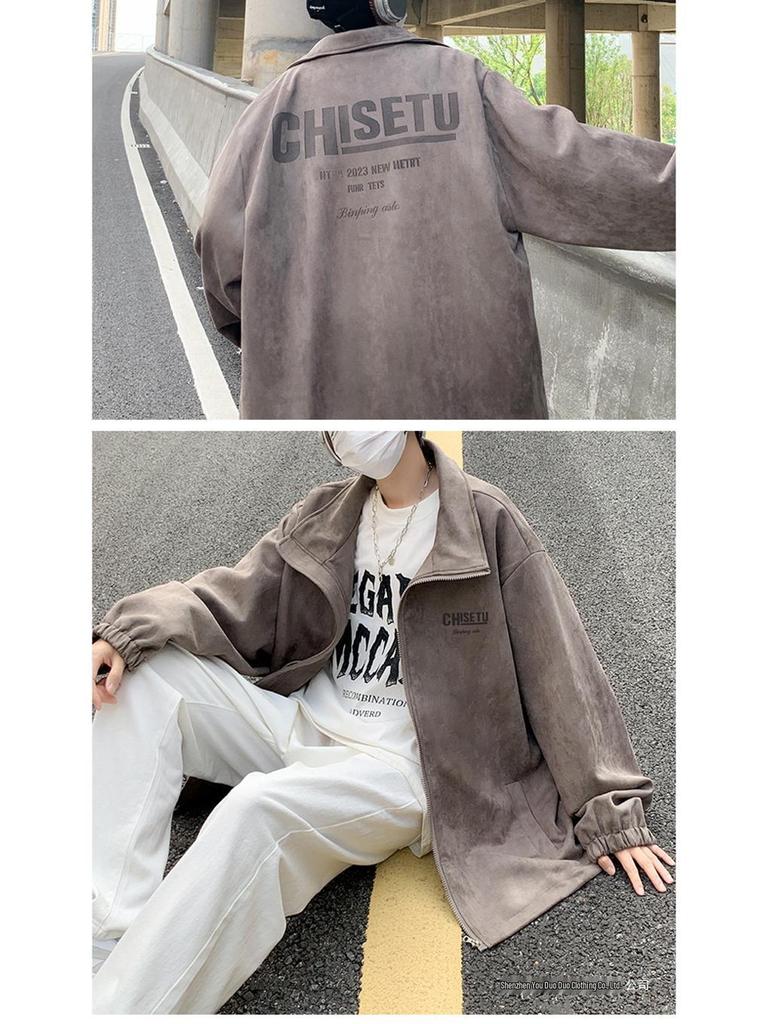 Men's Suede Fleece Retro Windbreaker: Spring/Autumn, Black, Wear-Resistant, Trendy Rogue Brand Jacket