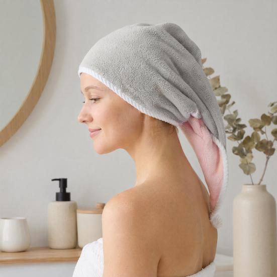 Hair Drying Towels with Button, Super Absorbent Double-Layer Coral Fleece Hair Towel, Quick Drying Travel Bathing Hair Wrap
