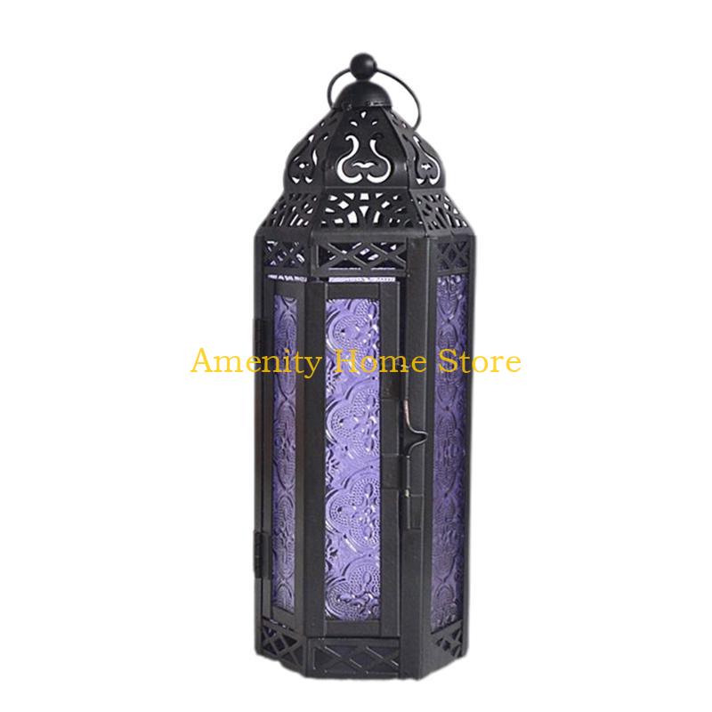 F26C Village Style Wrought Iron Candle Holder Glass Wind Lantern Hanging Lanterns лавандовый