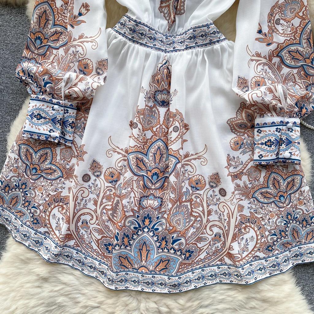 Spring Autumn Dresses Women V-neck Lantern Long Sleeves Floral Single Breasted High Waist Vintage Gorgeous Party Mini Dress Robe