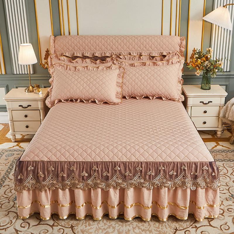 European solid color washed padded bed skirt four-piece set lace lace princess wind bed cover non-slip fixed Nordic