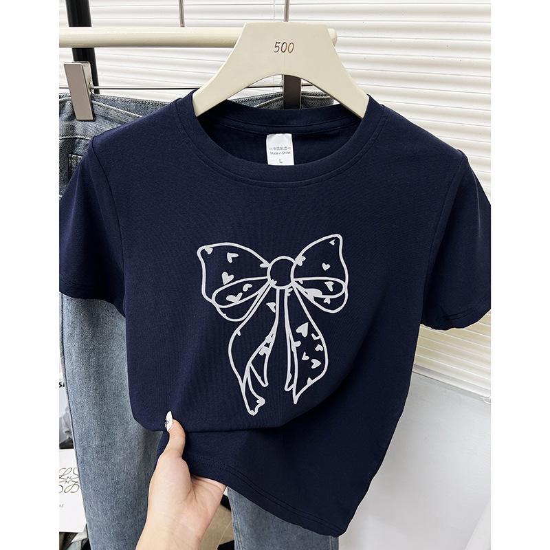 

2024 Summer Trendy Bow Print Off-Shoulder Women s Slimming T-Shirt Medium