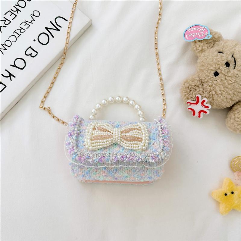 Colorful Sequin Kids Bag With Bowknot Stylish Pearl Handle Mini Crossbody Bag