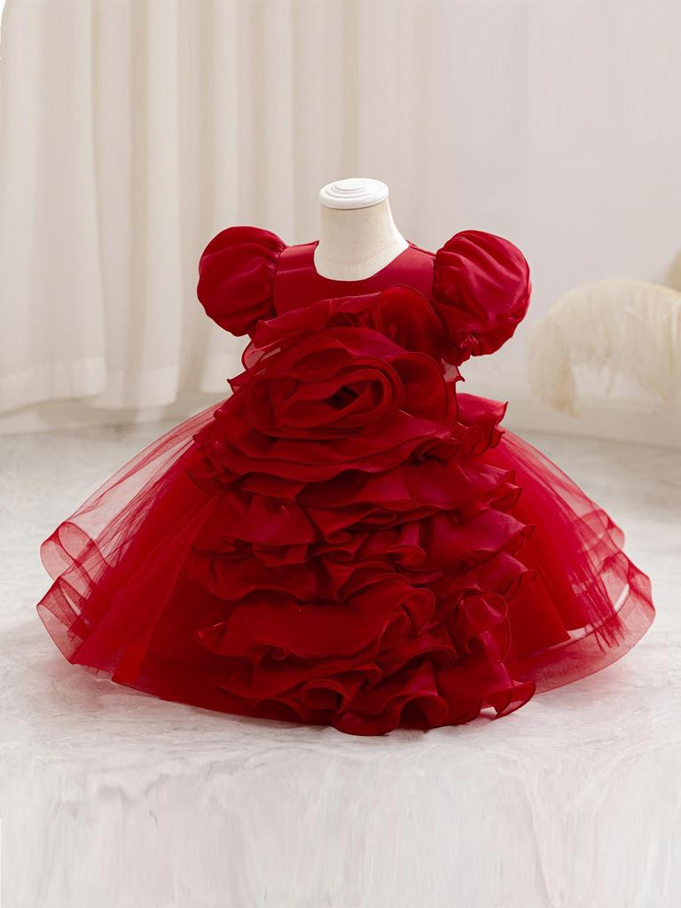 Girls' 3D Flower Princess Dress: First Birthday Puff Sleeves and Puffy Skirt